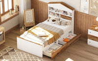 Twin Size House Shaped Wooden Bed With Storage Shelf On The Headboard, Built In Two Storage Drawers, Brown Brown White Wood