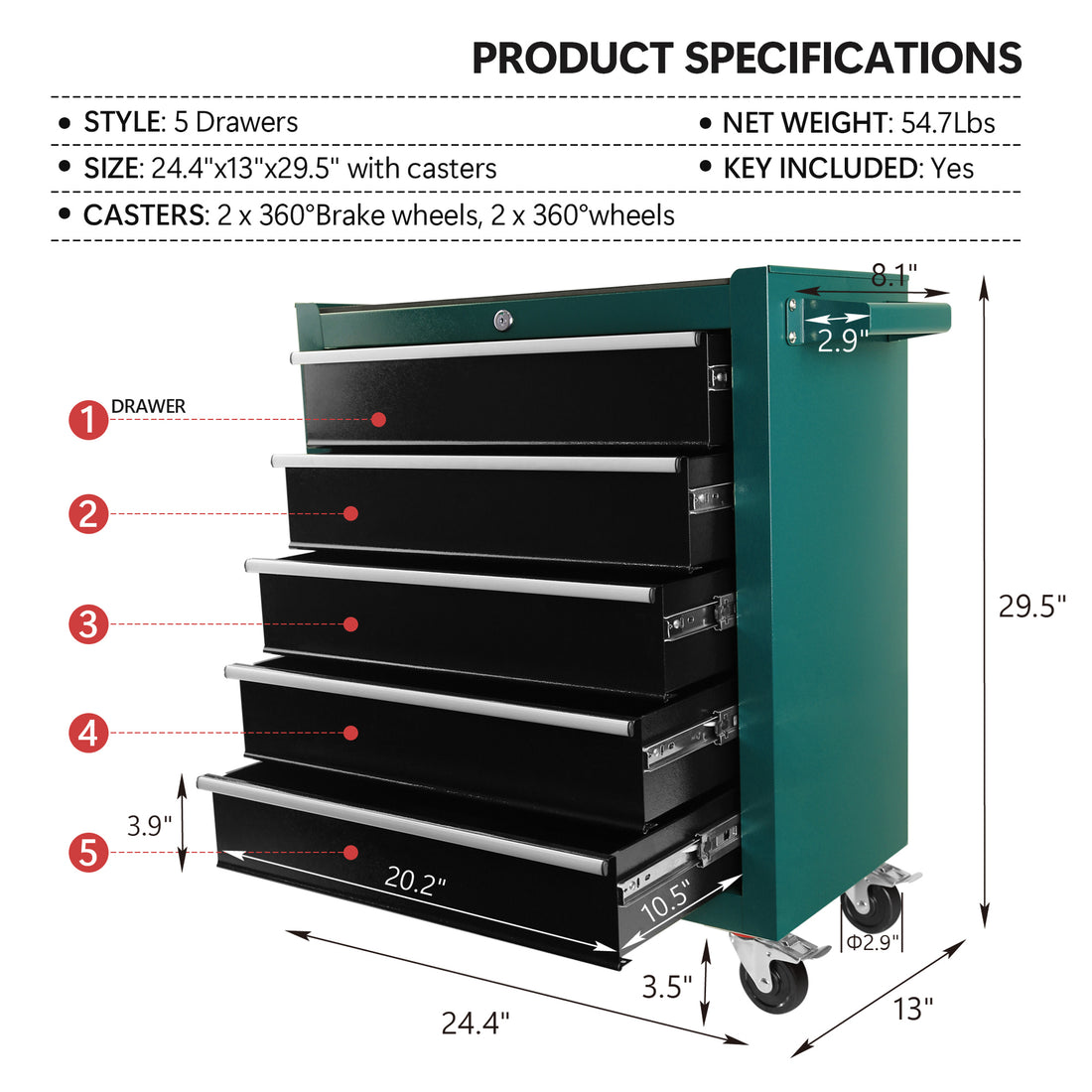 5 Drawers Rolling Tool Chest,Tool Cabinet On Wheels With Keyed Locking Stem And Drawer Liners,Tool Chest With Link Buckle And Can Be Combined To Large Cabinet Set,For Warehouse,Garage Green Steel