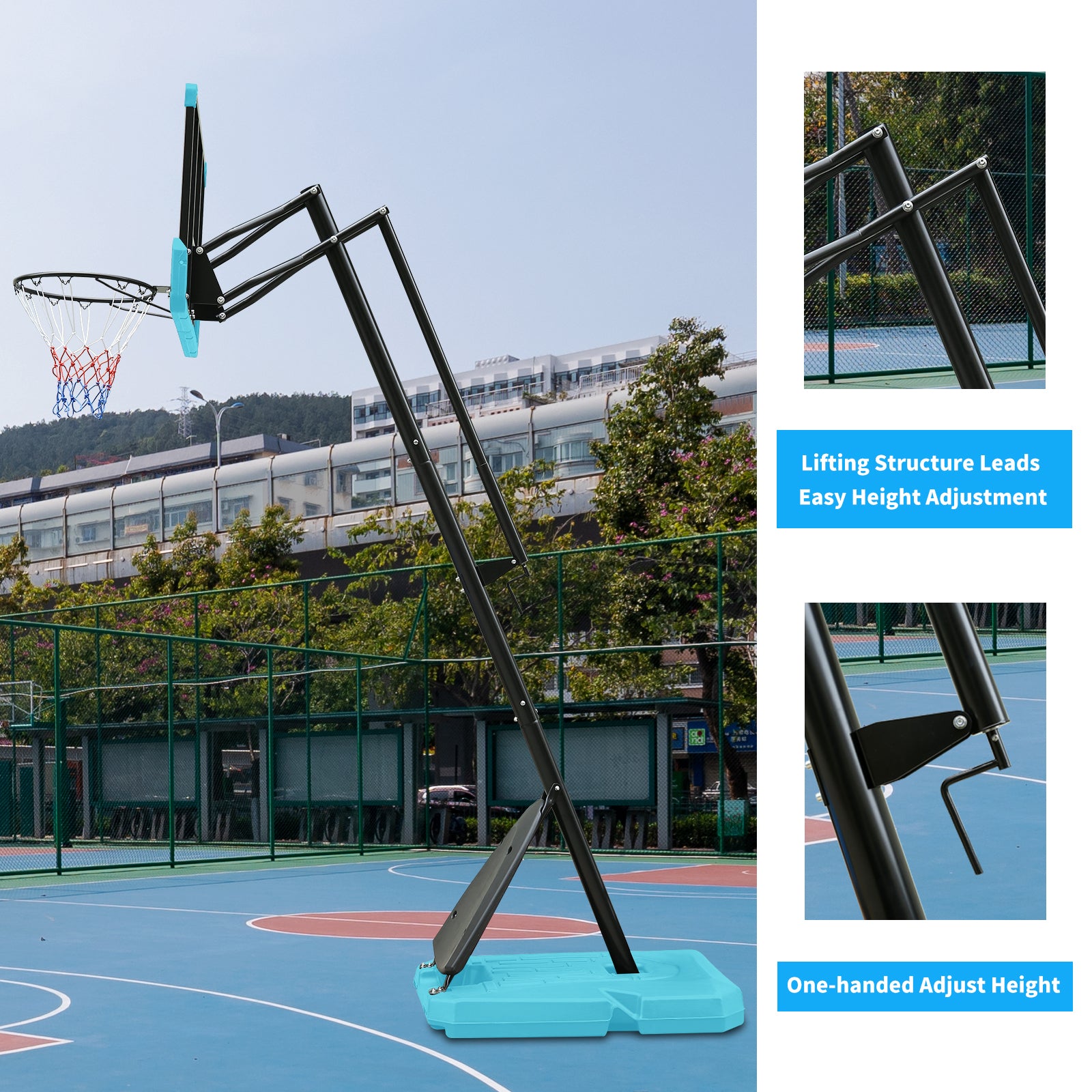 Height Adjustable Basketball Hoop, 7.5 To 10Ft Adjustable Basketball Stand With 44 Inch Backboard, Portable Basketball Goal System With Stable Base And Wheels Blue Balls Sports Black Blue Portable Garden & Outdoor Training Support Iron