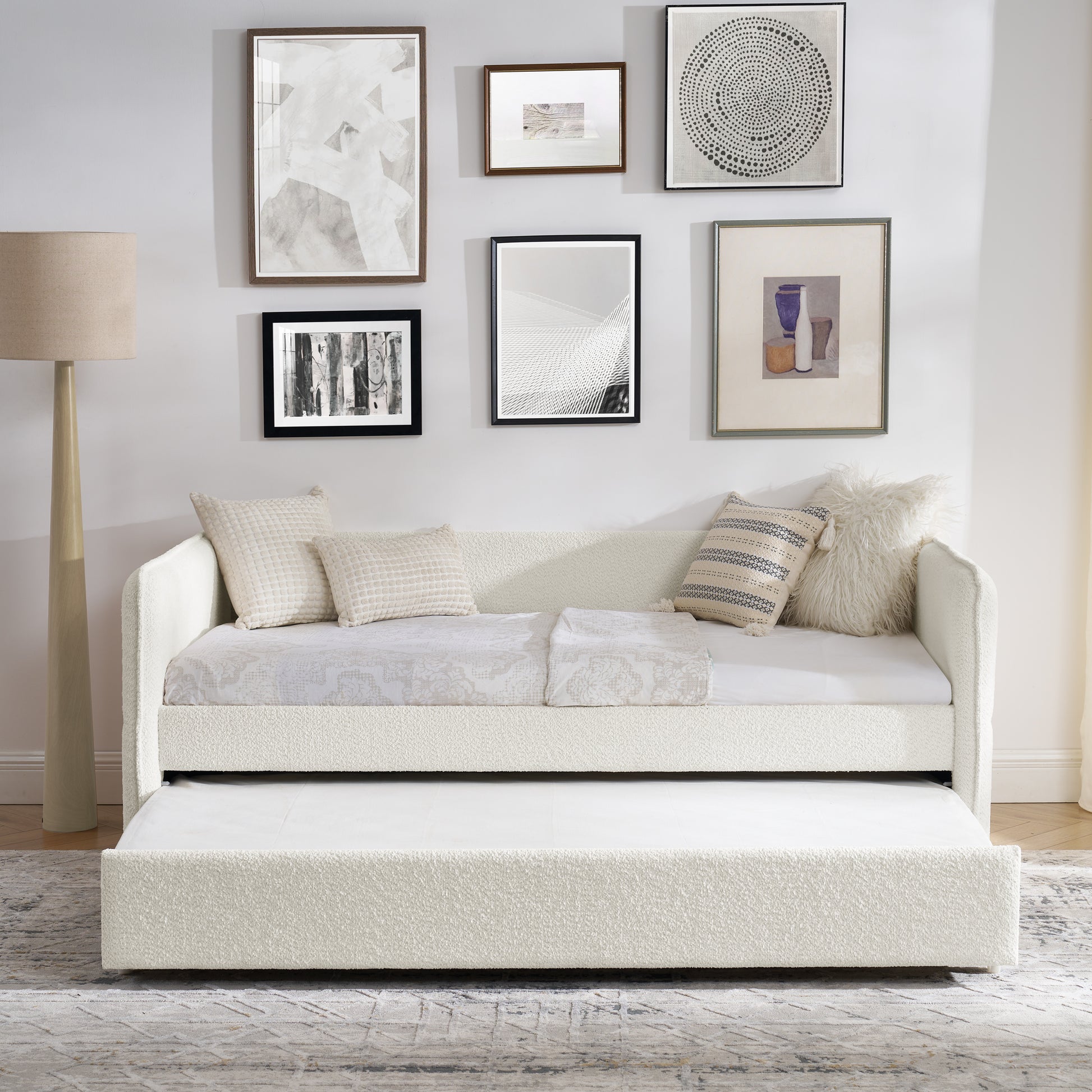 Daybed With Trundle Upholstered Tufted Sofa Bed, Twin Size, Boucle Fabric, Beige 83"X43"X29.5" Beige Boucle