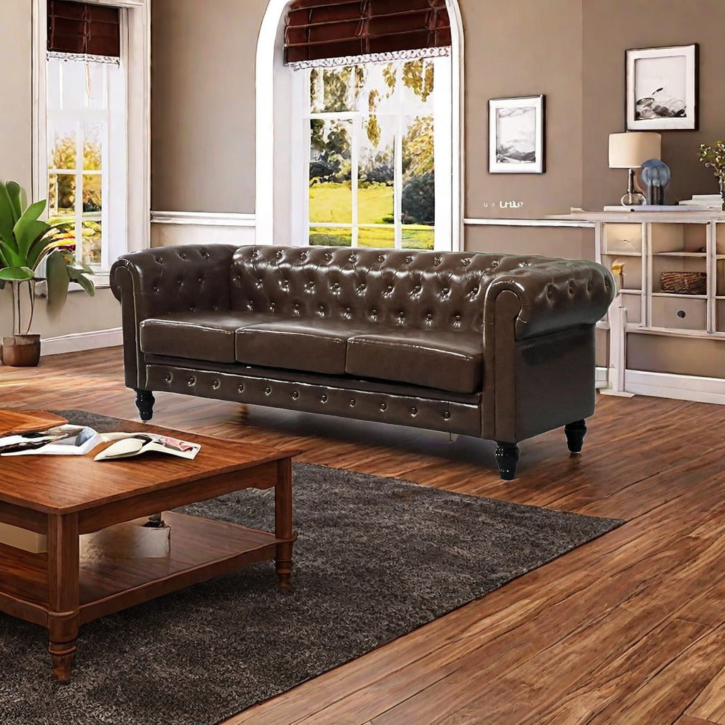 Fx P80P Pu2 Sofa 3 Seat Living Room Upholstered Sofa Modern Sofa Couches Set Style Button Tufted, Pu Chesterfield Sofa For Living Room Apartment Brown Pu 3 Seat