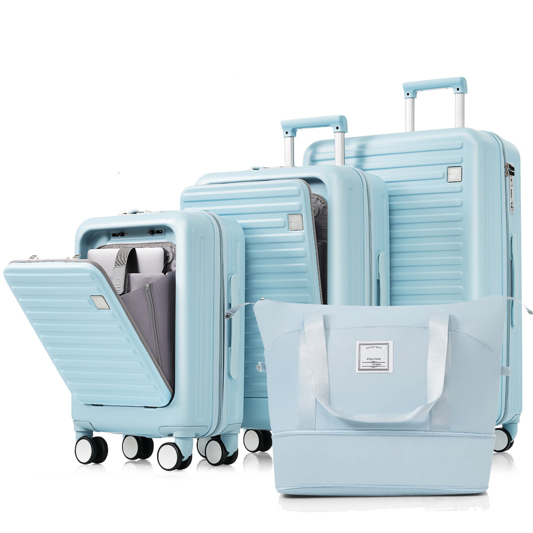 Luggage Set Of 4, 20, 24, 28Inch With Usb Port, 20, 24Inch With Front Opening Design Airline Certified Carry On Luggage With Cup Holder, Abs Hard Shell Luggage With Expandable Travel Bag, Light Blue Blue Abs