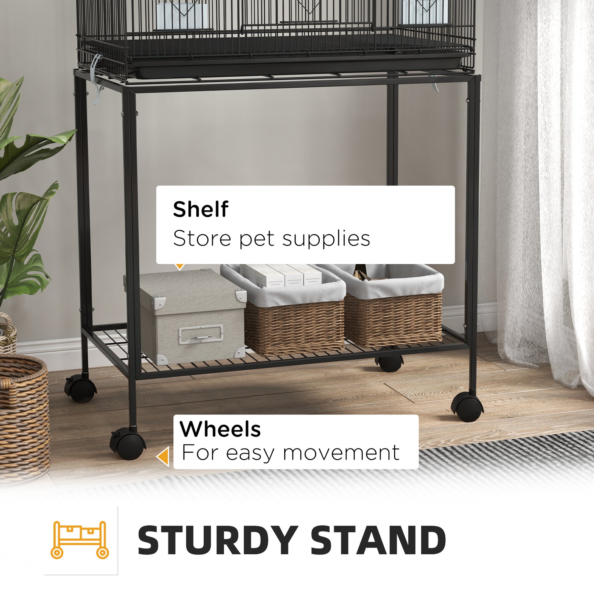 Pawhut Double Stackable Bird Cage With Stand, Wooden Swing, Rope Ladder & Wheels For Canaries, Lovebirds Finches, Budgie Cage With Storage Shelf, Removable Tray, Wooden Perches & Food Containers Black Steel