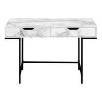 Computer Desk, Home Office, Laptop, Storage Drawers, 48"L, Work, White Marble Look Laminate, Black Metal, Contemporary, Modern White Particle Board