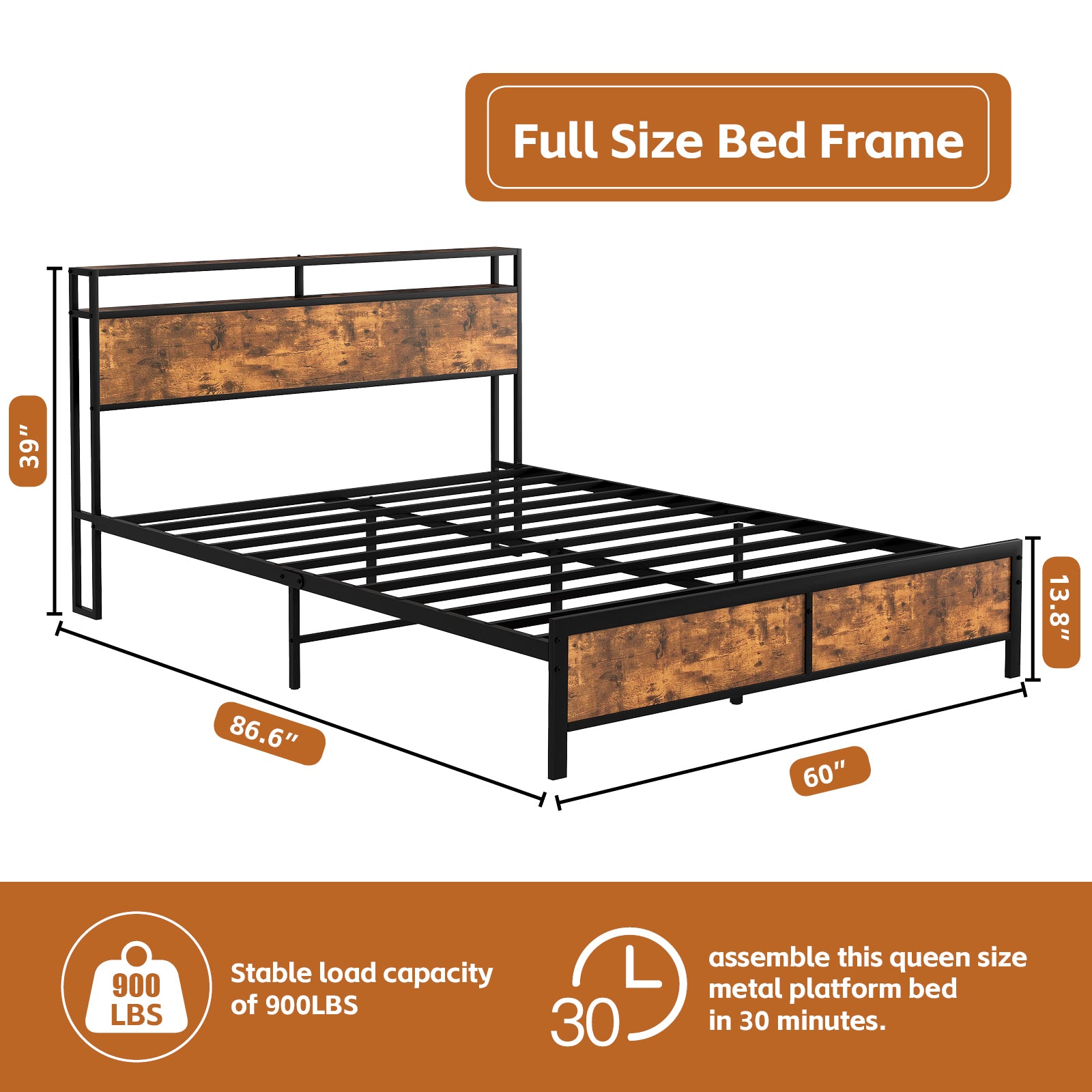 Industrial Full Bed Frame With Led Lights And 2 Usb Ports, Bed Frame Full Size With Storage, Noise Free, No Box Spring Needed, Rustic Brown Full Rustic Brown Metal Metal