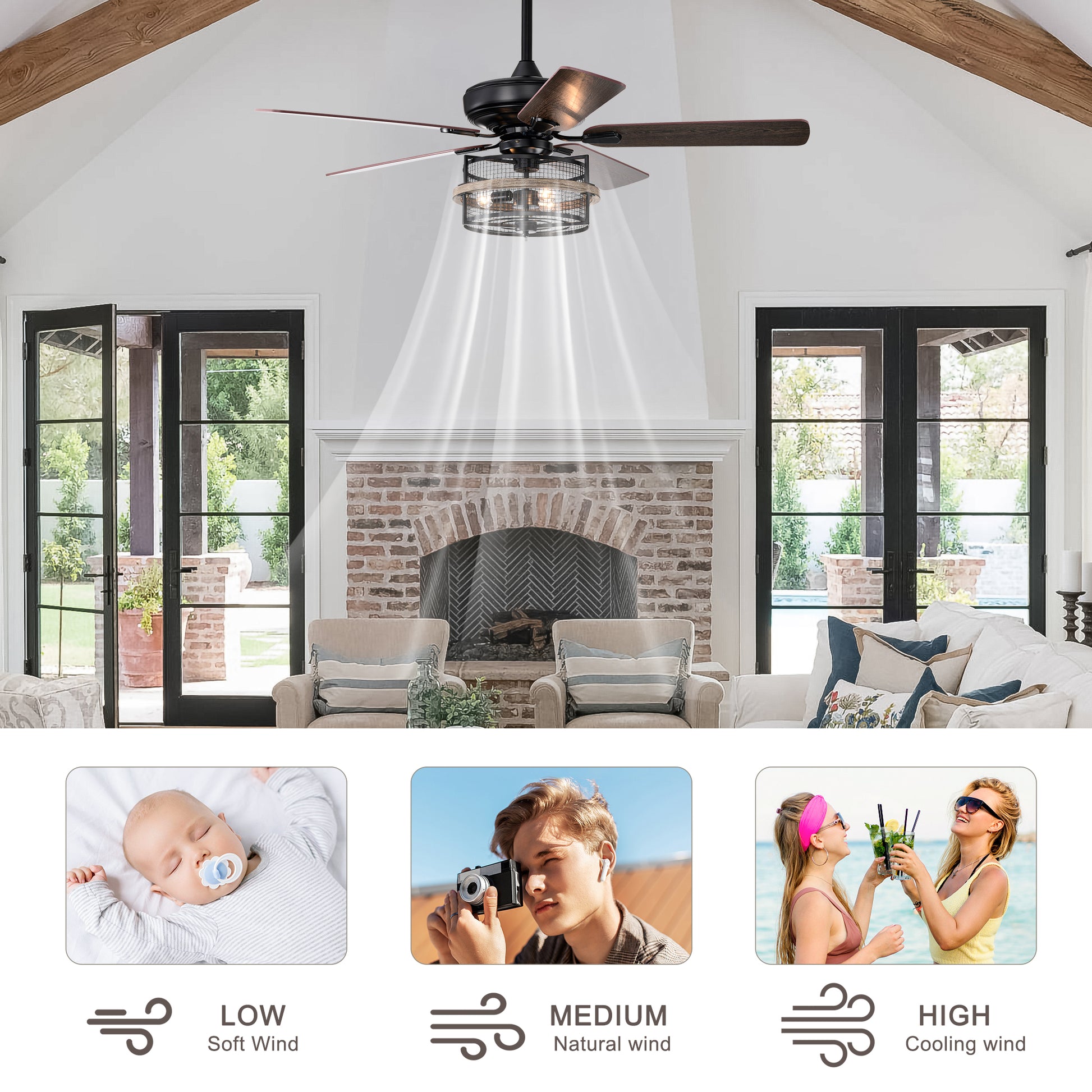 52 Inch Farmhouse Ceiling Fan With Remote,3 Lights Ceiling Fan With Light Fixture No Include Bulbs , Ceiling Fan For Patio,Living Room,Bedroom Black Matte Wood Grain Matt Black American Design,American Traditional,Traditional Plywood Iron