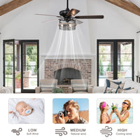 52 Inch Farmhouse Ceiling Fan With Remote,3 Lights Ceiling Fan With Light Fixture No Include Bulbs , Ceiling Fan For Patio,Living Room,Bedroom Black Matte Wood Grain Matt Black American Design,American Traditional,Traditional Plywood Iron