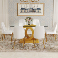 Table And Chair Set.63"W X 35.4"D X 30"H Clear Tempered Glass Desk And Chair Set With 6 White Pu Chairs With Gold Metal Legs.Bring A Comfortable Home Experience To The Kitchen, Bedroom, And Office.