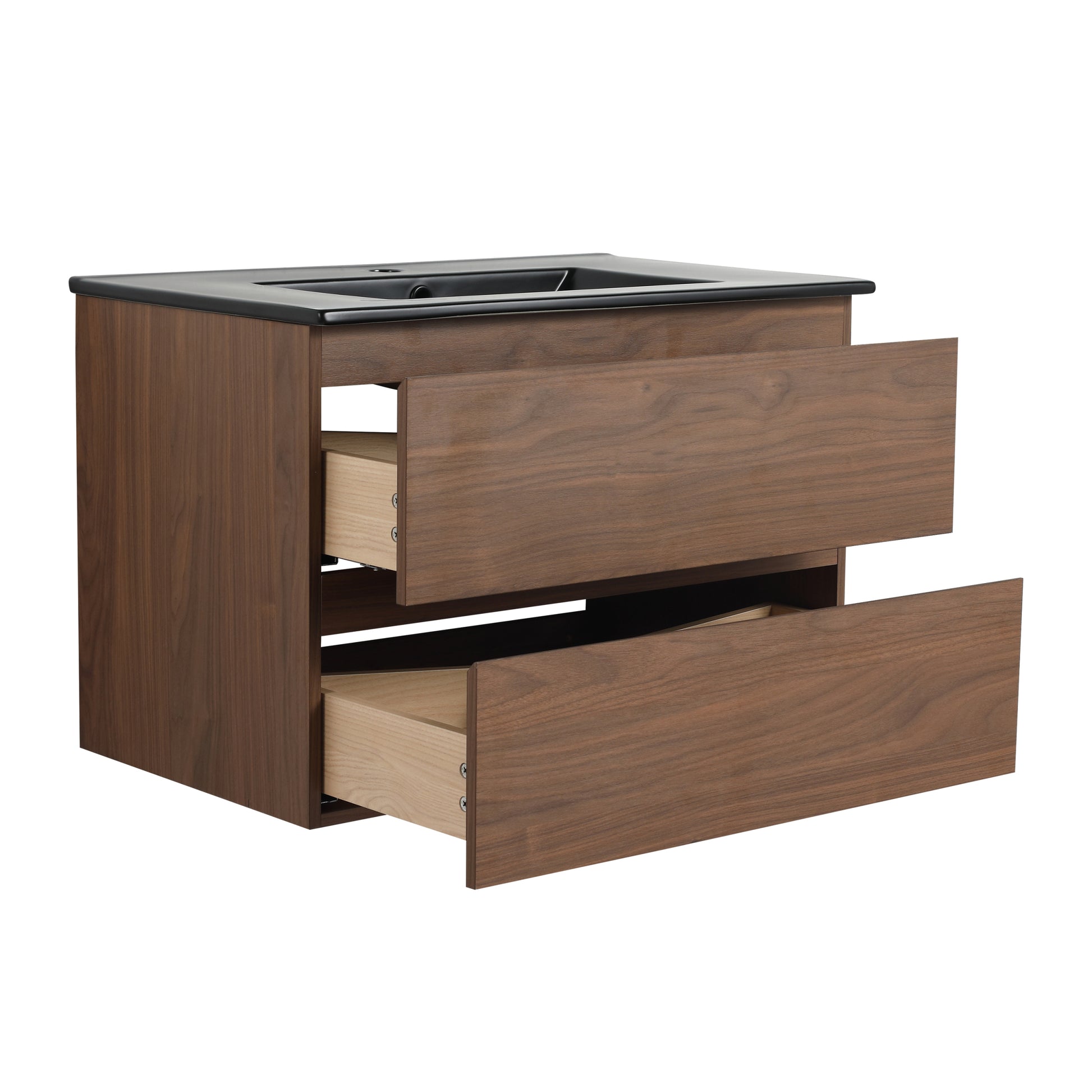 30" Wall Mounted Bathroom Vanity With Black Ceramic Sink, 2 Soft Close Drawers, Kd Package 2 Brown Oak Bathroom Wall Mounted Modern Plywood