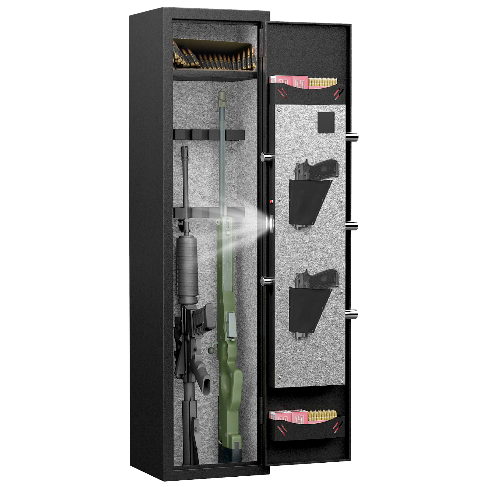 "High Security Steel Rifle Cabinet 3 4 Capacity, Electronic Lock, Solid Bolts, Dual Alarms, Led Lighting, Silent Operation" Black Steel