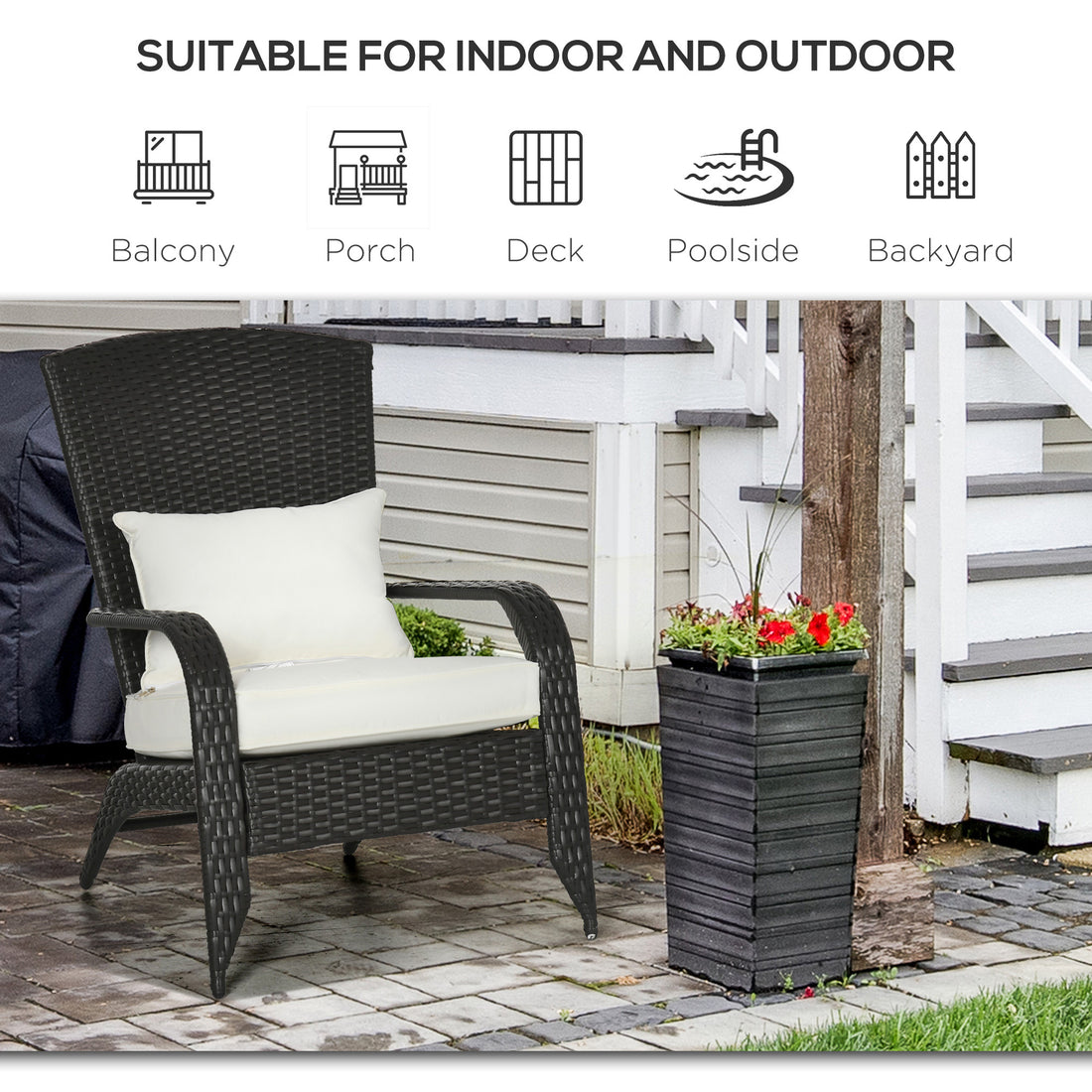Outsunny Patio Wicker Adirondack Chair, Outdoor All Weather Rattan Fire Pit Chair W Soft Cushions, Tall Curved Backrest And Comfortable Armrests For Deck Or Garden, Cream White Cream White Steel
