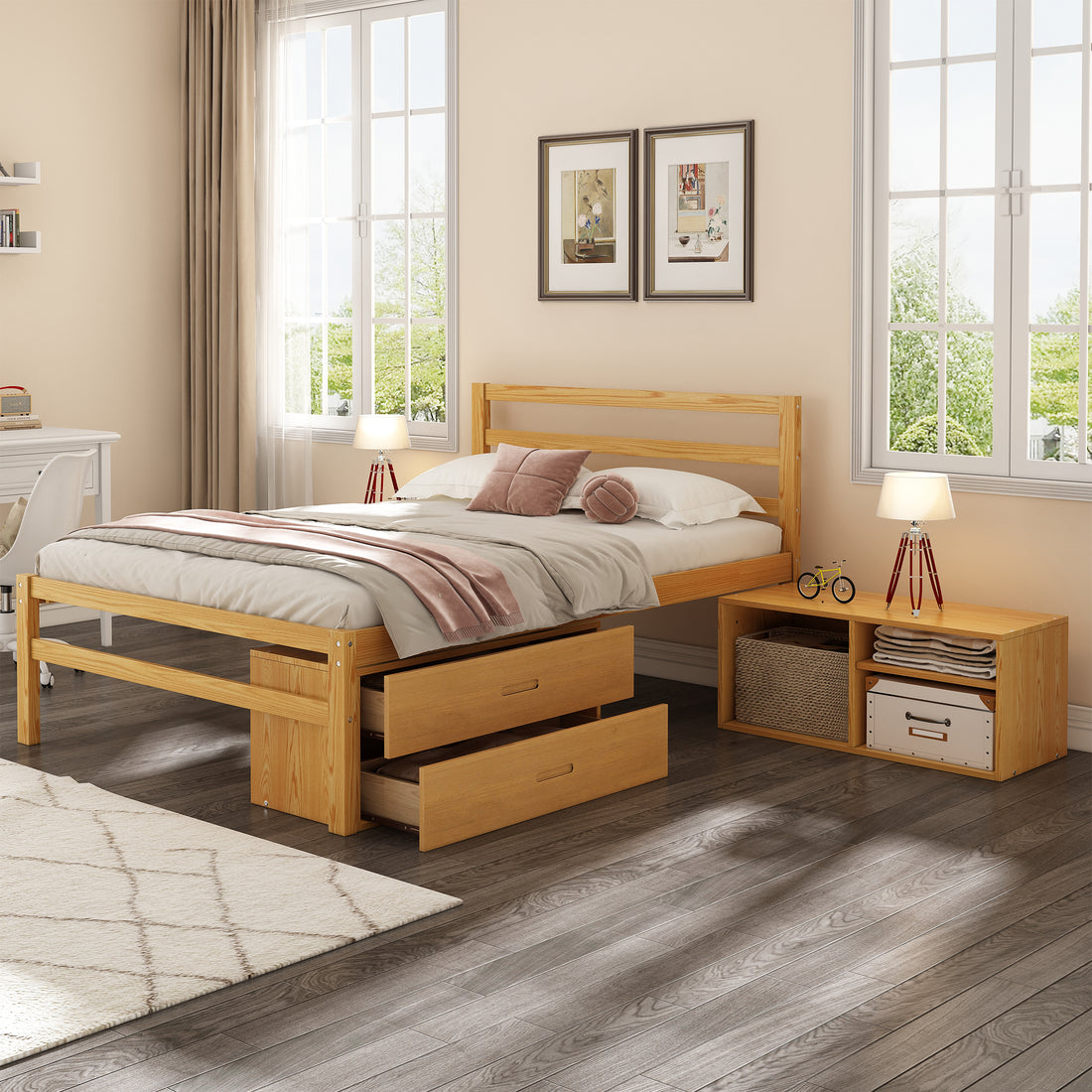 Full Size Wood Platform Bed With Removable Storage Shelves, Built In Two Storage Drawers For Added Convenience, Natural Full Natural Wood