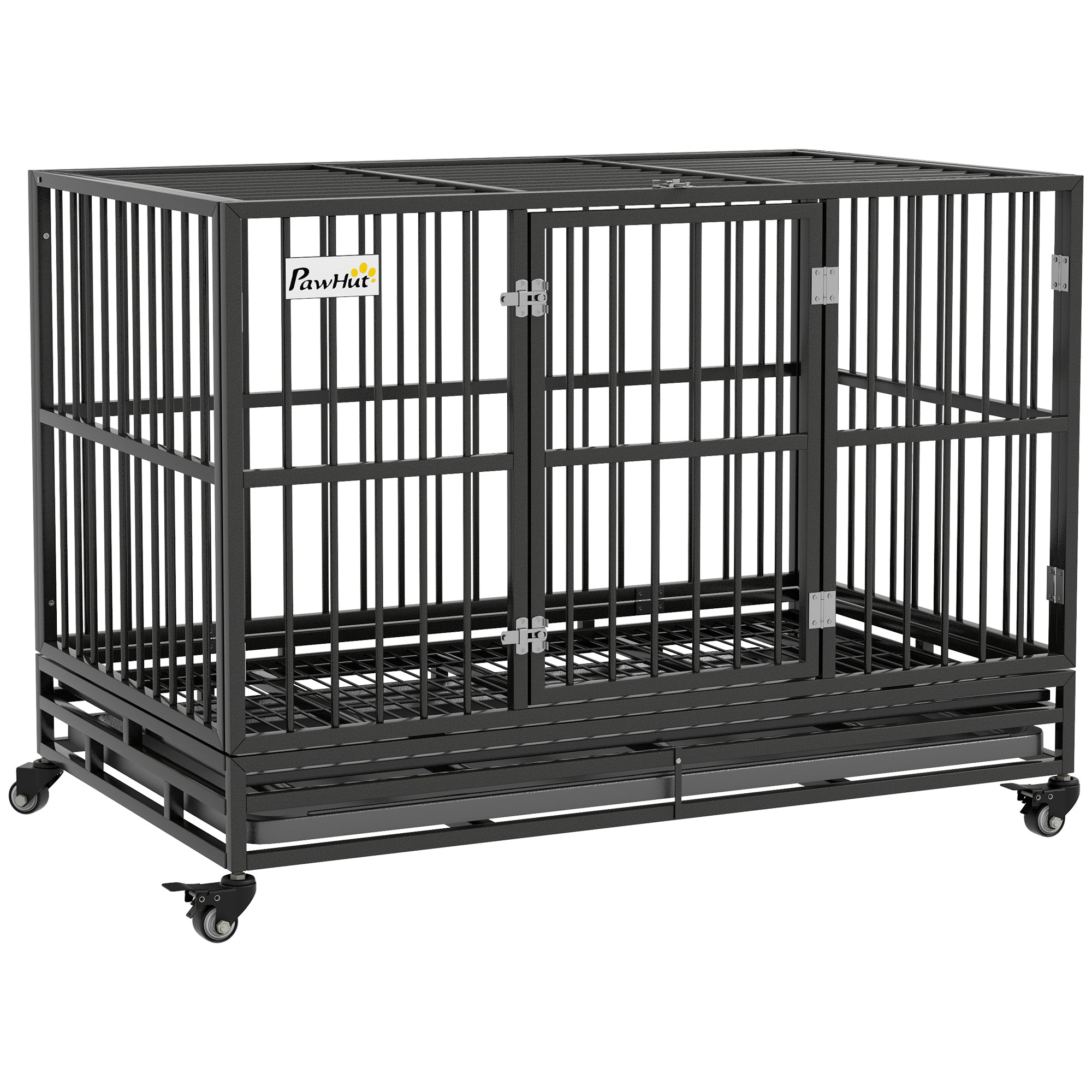 Pawhut 48" Heavy Duty Dog Crate Metal Cage Kennel With Lockable Wheels, Double Door And Removable Tray, Gray Gray Steel