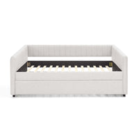 Full Size Daybed With Trundle Upholstered Sofa Bed, With Vertical Stripes, Linen Fabric, Beige 82.5"X58"X30" Beige Linen