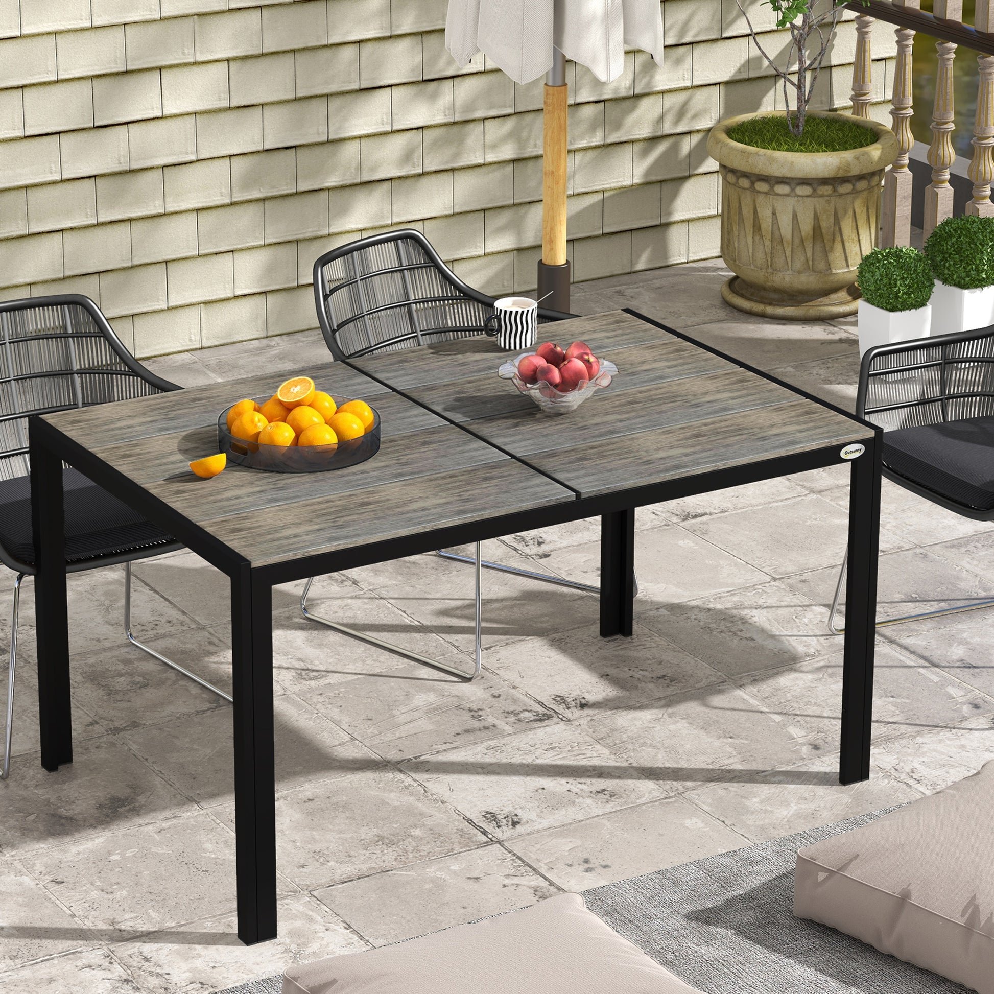 Outsunny Outdoor Dining Table For 6 People, Aluminum Rectangular Patio Table With Faux Wood Tabletop For Backyard, Lawn, Balcony, Poolside, 55" X 35.5", Gray Gray Aluminum