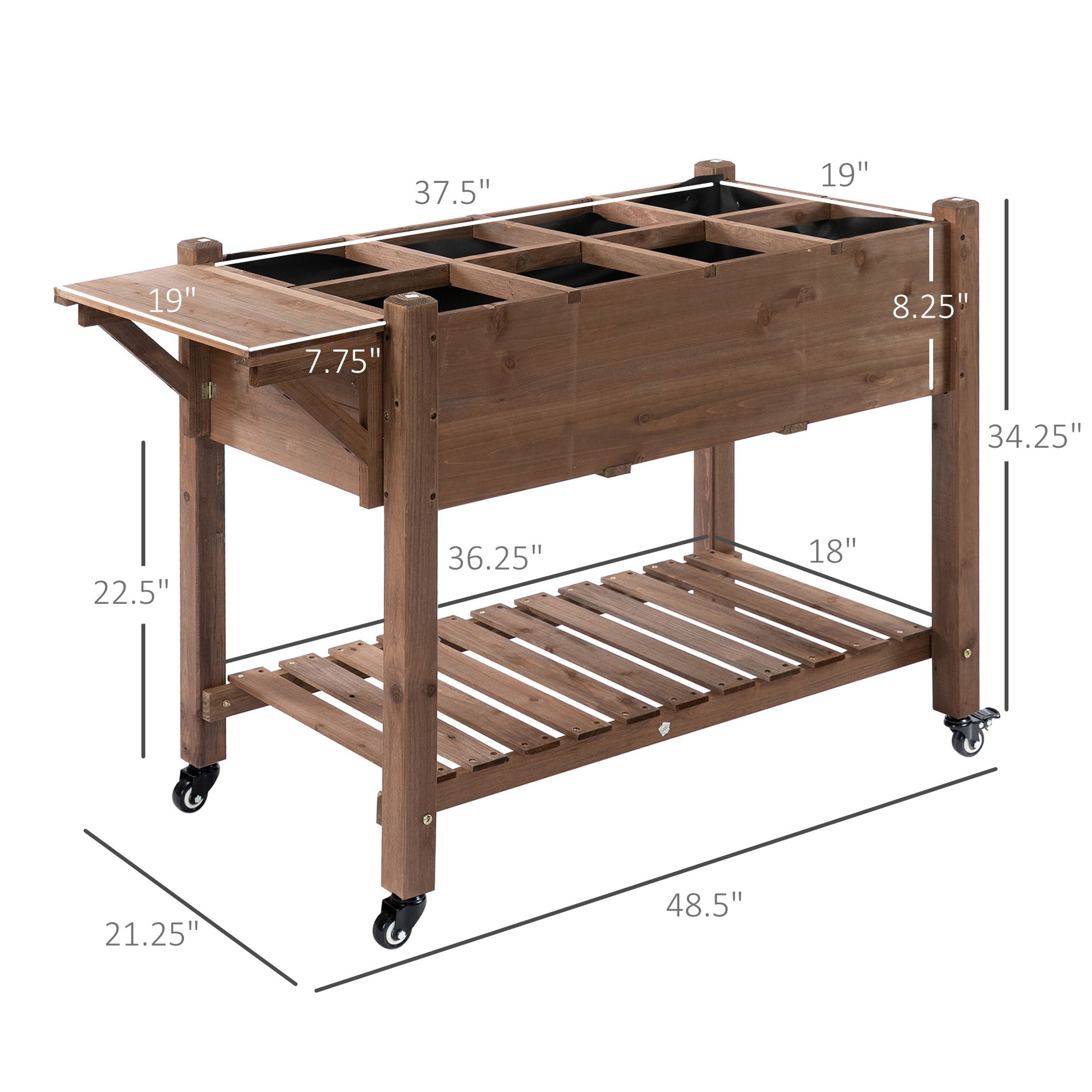 Outsunny Raised Garden Bed With 8 Grow Grids, Wooden Outdoor Plant Box Stand With Folding Side Table And Wheels, 49" X 21" X 34", For Vegetables, Flowers, Herbs, Brown Brown Wood