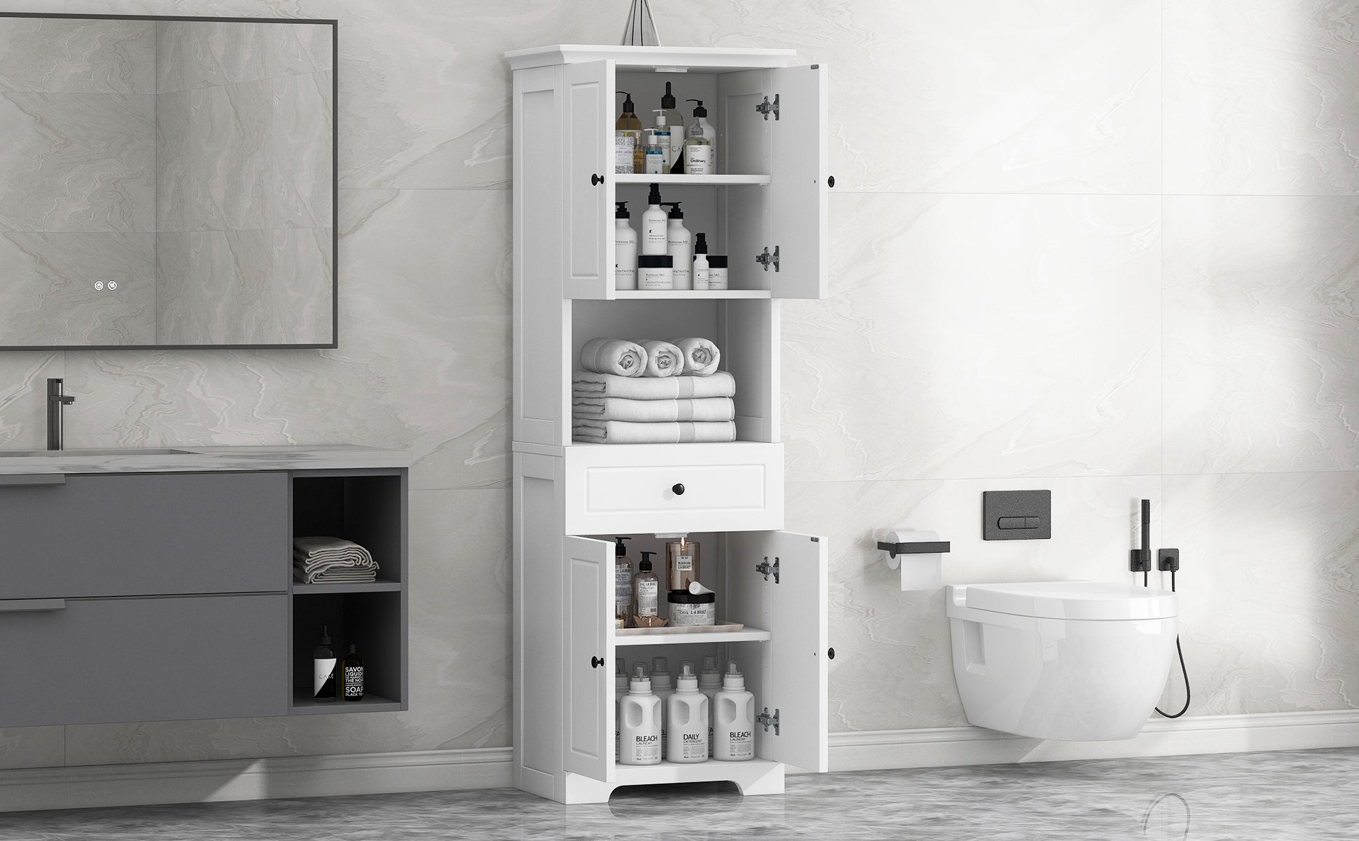 Tall Bathroom Cabinet With Four Doors, Large Storage Space Open Shelve, Upper Storage Cabinet, White White Mdf