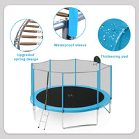 14Ft Trampoline For Kids With Safety Enclosure Net, Basketball Hoop And Ladder, Easy Assembly Round Outdoor Recreational Trampoline Blue Metal