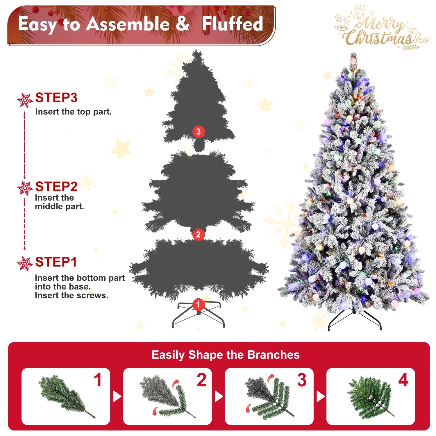 7.5Ft Pe Pvc Pine Mixed Christmas Tree With Colorful Warm Light 10 Function Led, Memory Wire & Easy Power Technology Green,White Polyethylene