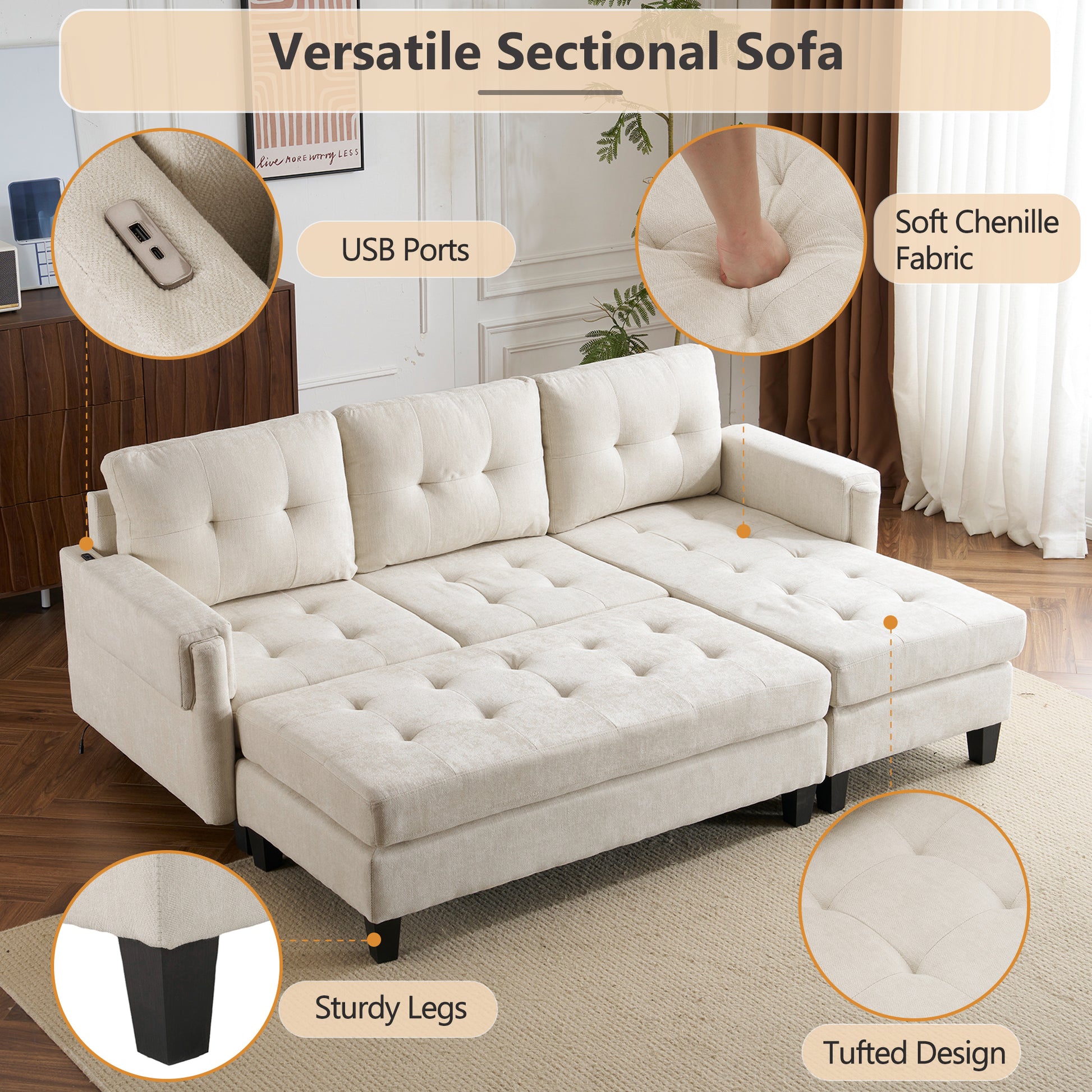 83.4" L Shaped Sofa Sectional Couch Sofa Bed With Two Usb Ports, A Movable Ottoman And A Reversible Chaise Lounge For Living Room, Beige Beige Foam Chenille 5 Seat