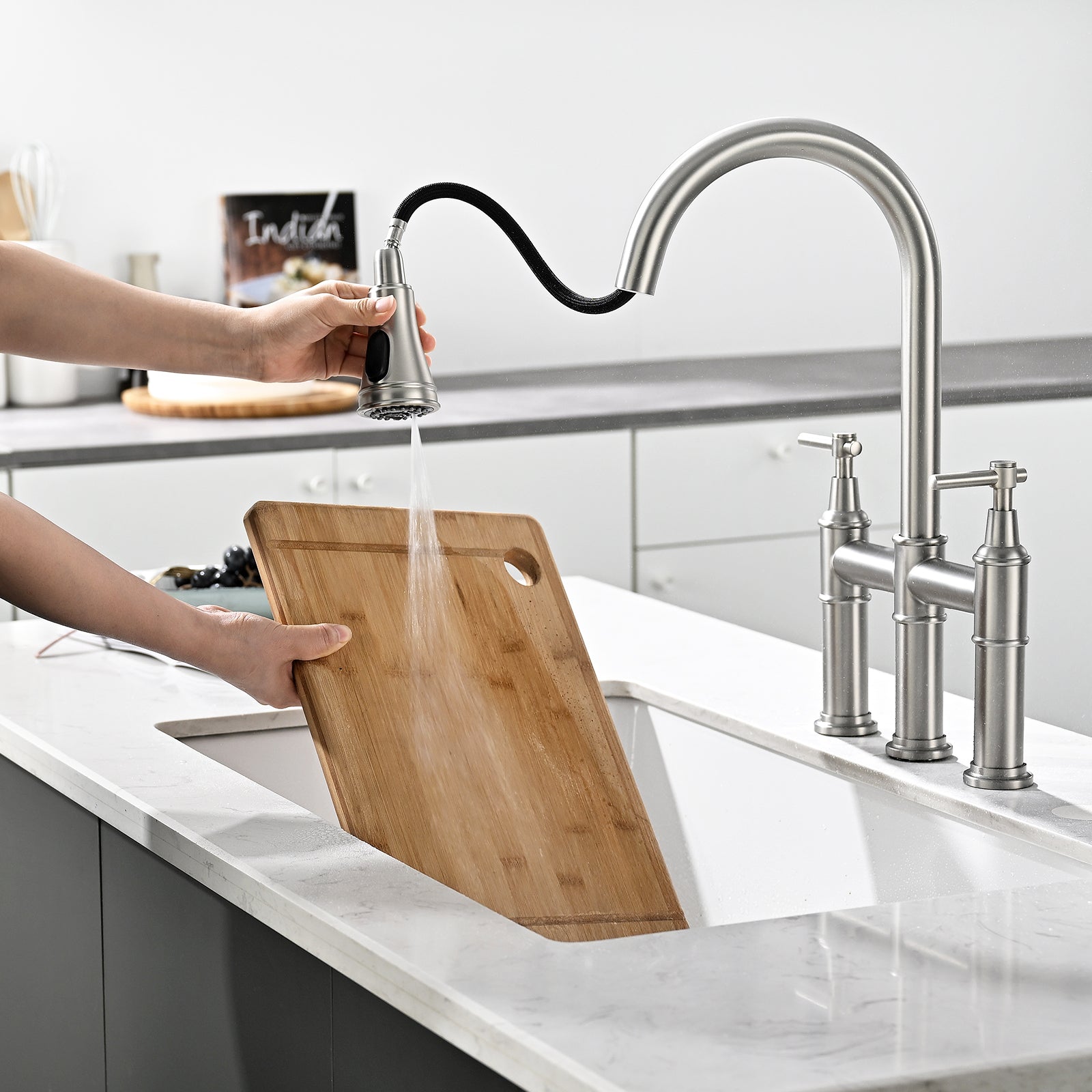 3 Hole Brushed Nickel Bridge Kitchen Faucet With Pull Down Sprayer,2 Handle Faucet For Kitchen Sinks Pull Out Sprayer Kitchen Sink Faucet Brushed Nickel Kitchen Classic,Modern Ceramic Stainless Steel