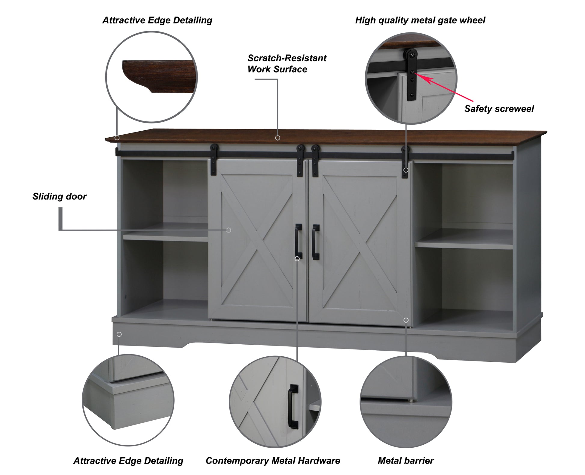 "56"" Tv Stand With 2 Barndoor" "Farmhouse Style Media Console With Barn Door Sliders Cape Code Gray And Rosewood Grain Finish, Multipurpose Entertainment Center" Multicolor 50 59 Inches Solid Wood