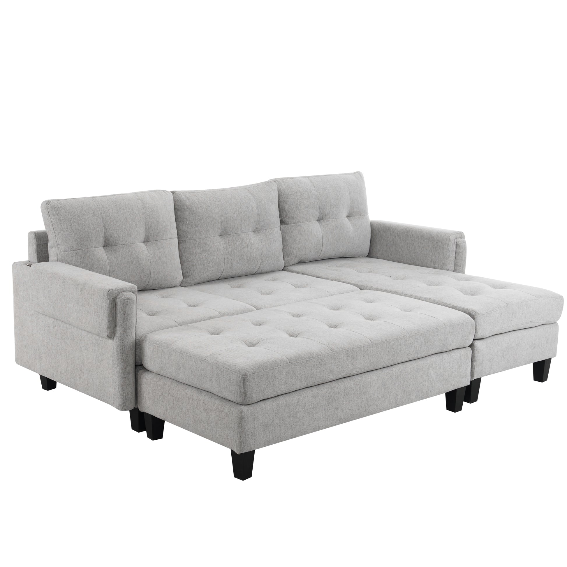 83.4" L Shaped Sofa Sectional Couch Sofa Bed With Two Usb Ports, A Movable Ottoman And A Reversible Chaise Lounge For Living Room, Grey Grey Foam Chenille 5 Seat