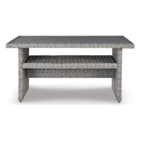 Dune 59 Inch Outdoor Table, Smooth Gray Resin Wicker, Open Bottom Shelf Gray Aluminium