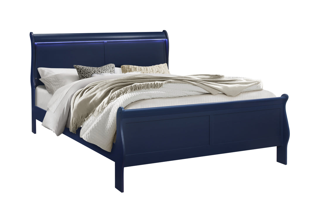 Charlston Blue King Bed With Led Blue Solid Wood Mdf