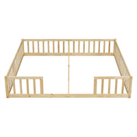 Double Twin Floor Bed With Fence, Guardrails, Without Door, Natural Twin Natural American Design Pine