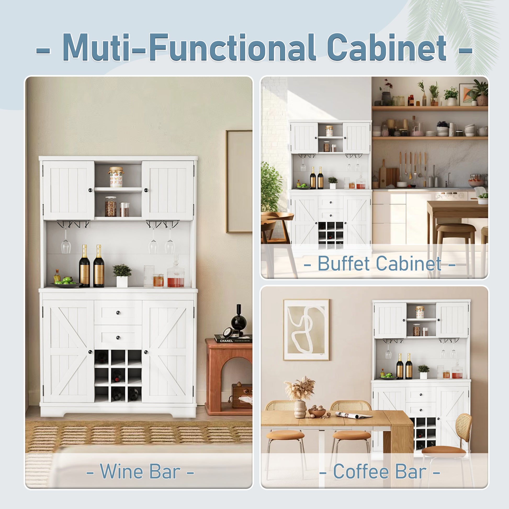 Coffee Bar Cabinet Kitchen Cabinet With Storage, Farmhouse Wine Cabinet With Drawers Shelves And Cabinets, Buffet Cabinet Wine & Glass Racks For Dining Room, White Off White Particle Board Mdf