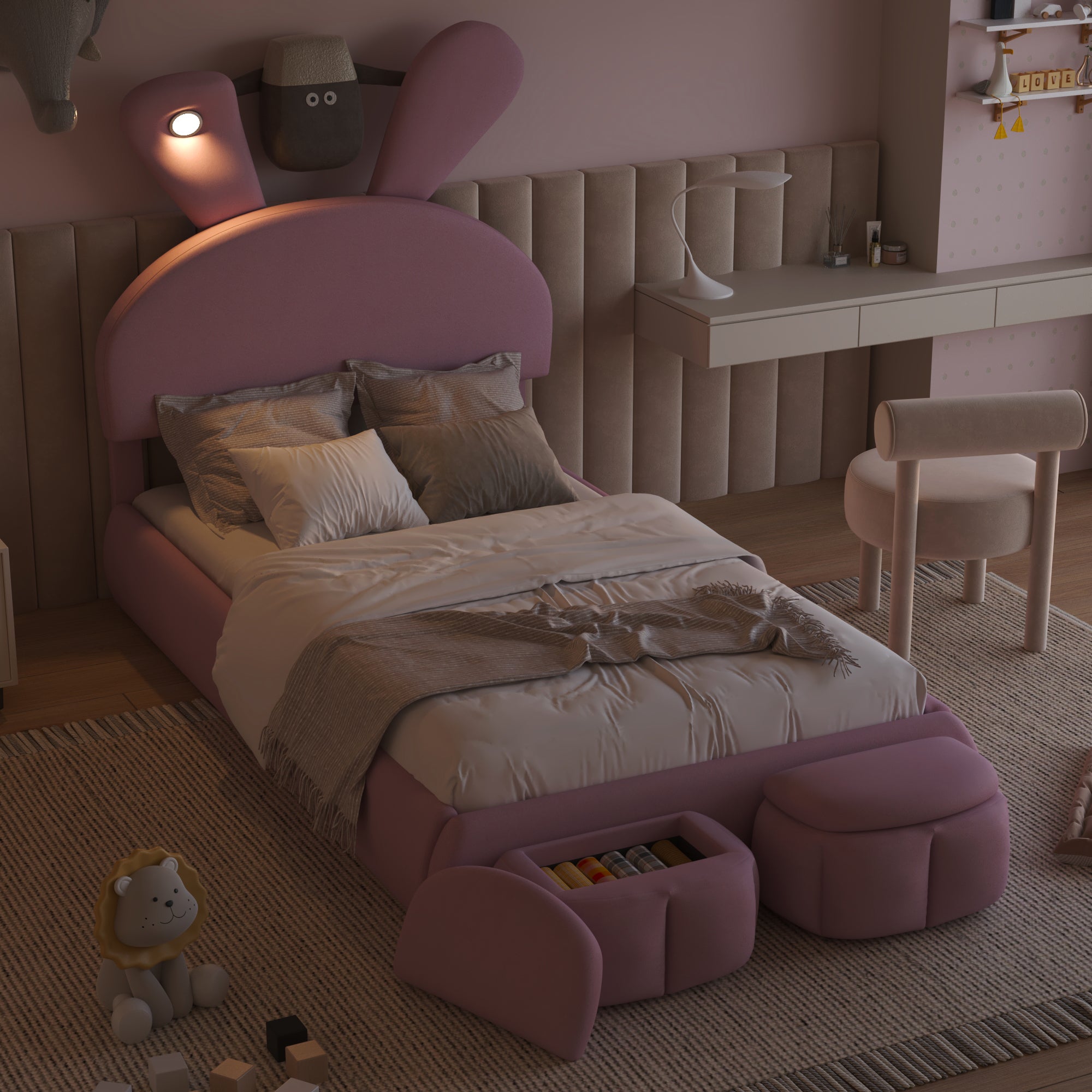 Twin Size Upholstered Platform Bed With Cartoon Ears Shaped Headboard And Light, Pink Box Spring Not Required Twin Pink Wood Bedroom Bed Frame Velvet Upholstered