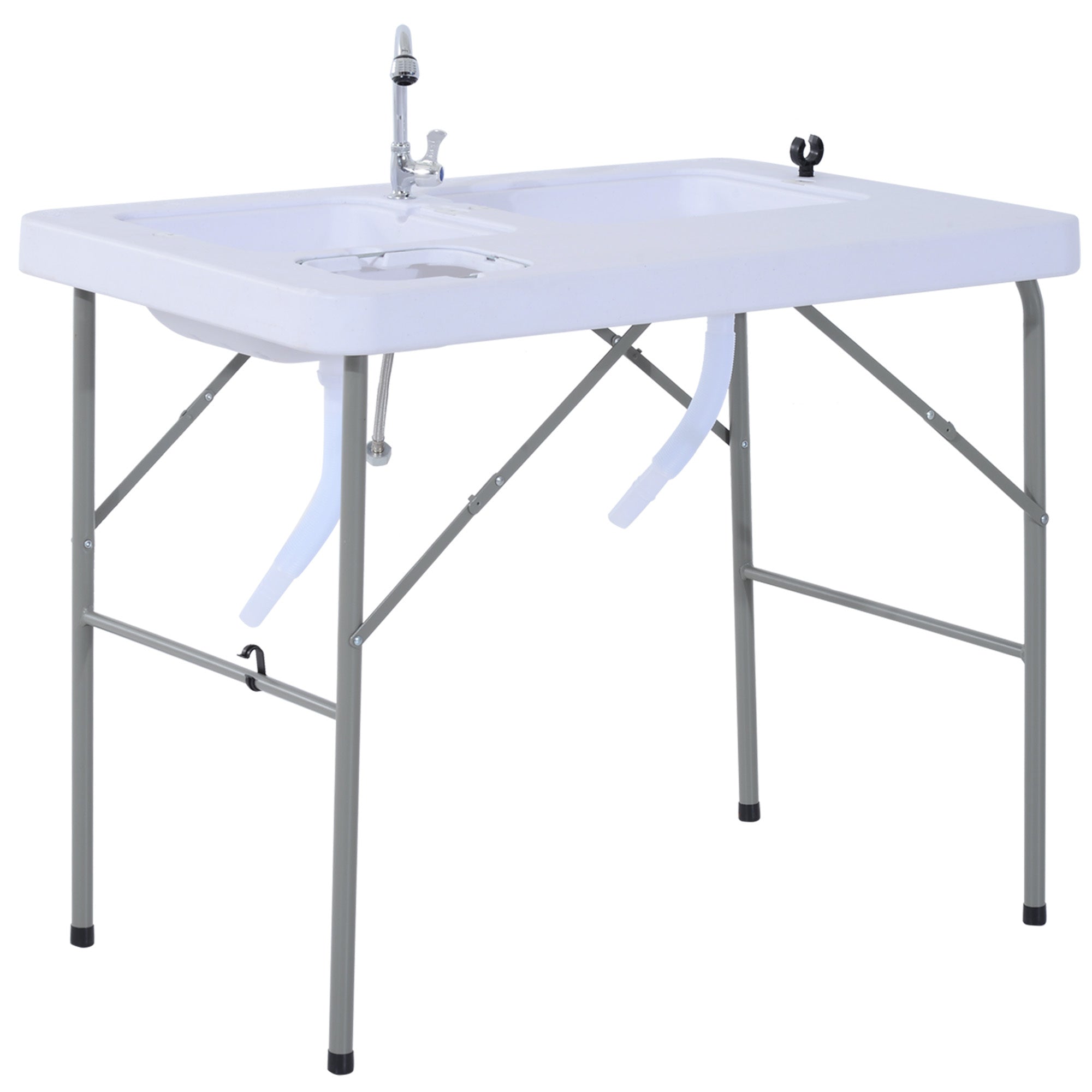 Outsunny Folding Camping Table With Faucet And Dual Water Basins, Outdoor Fish Table Sink Station, For Picnic, Fishing, 40'' White Hdpe