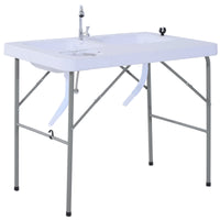 Outsunny Folding Camping Table With Faucet And Dual Water Basins, Outdoor Fish Table Sink Station, For Picnic, Fishing, 40'' White Hdpe