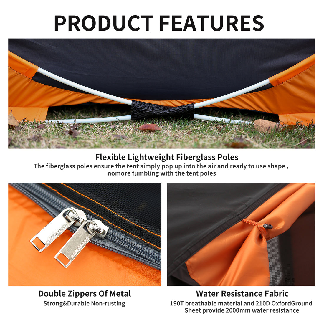 2 Person Black Orange Pop Up Camping Tent Black Cream Polyethylene