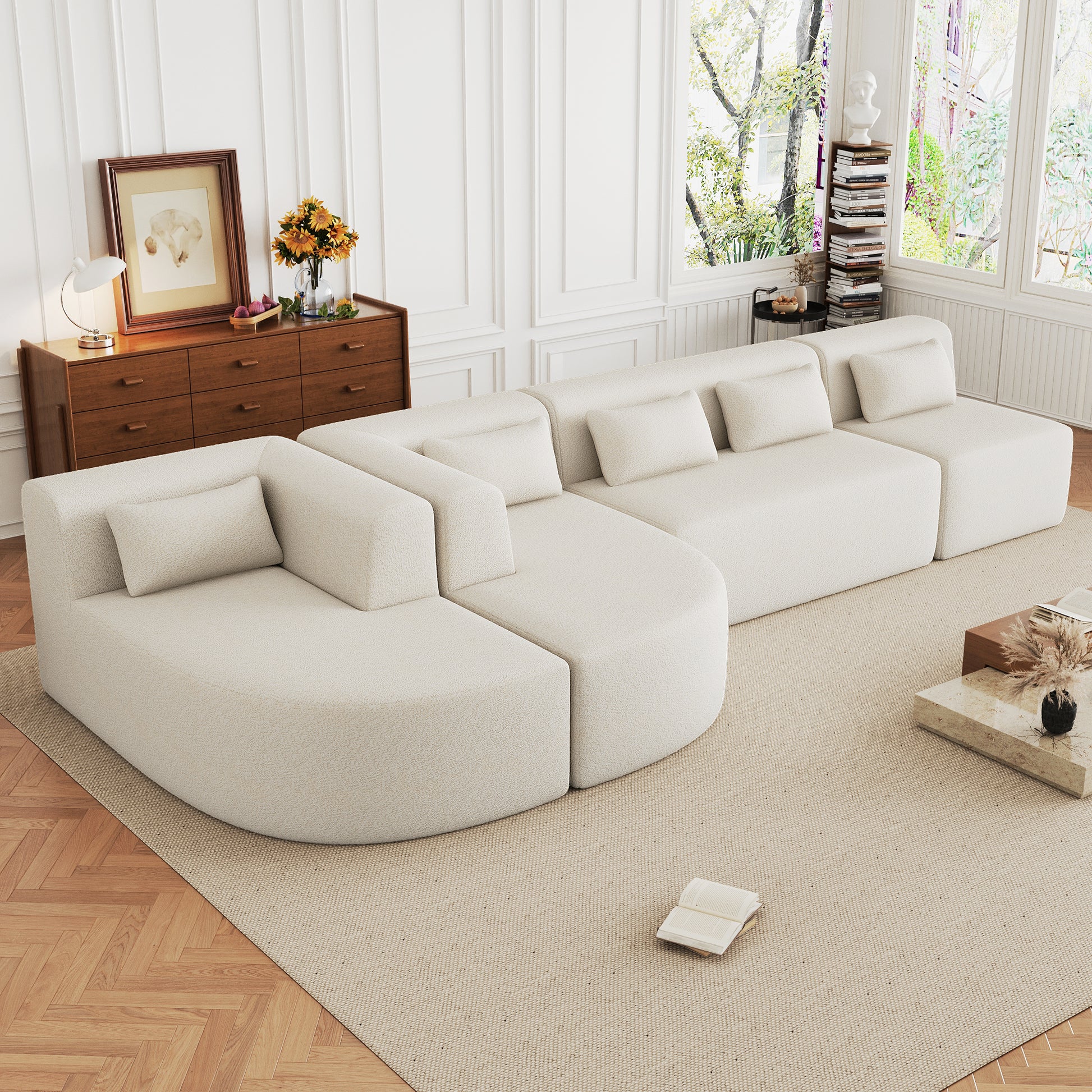 143.7" Upholstered Sofa Free Combined Sofa Couch With Two Chaise Lounge And Five Back Pillows For Living Room, Beige Beige Foam Polyester 5 Seat