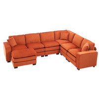 Modern U Shaped 6 Seat Sectional Sofa Couch With One Ottoman And Three Toss Pillows ,Modular Sofa For Living Room,Corduroy Sofa Orange Corduroy 7 Seat