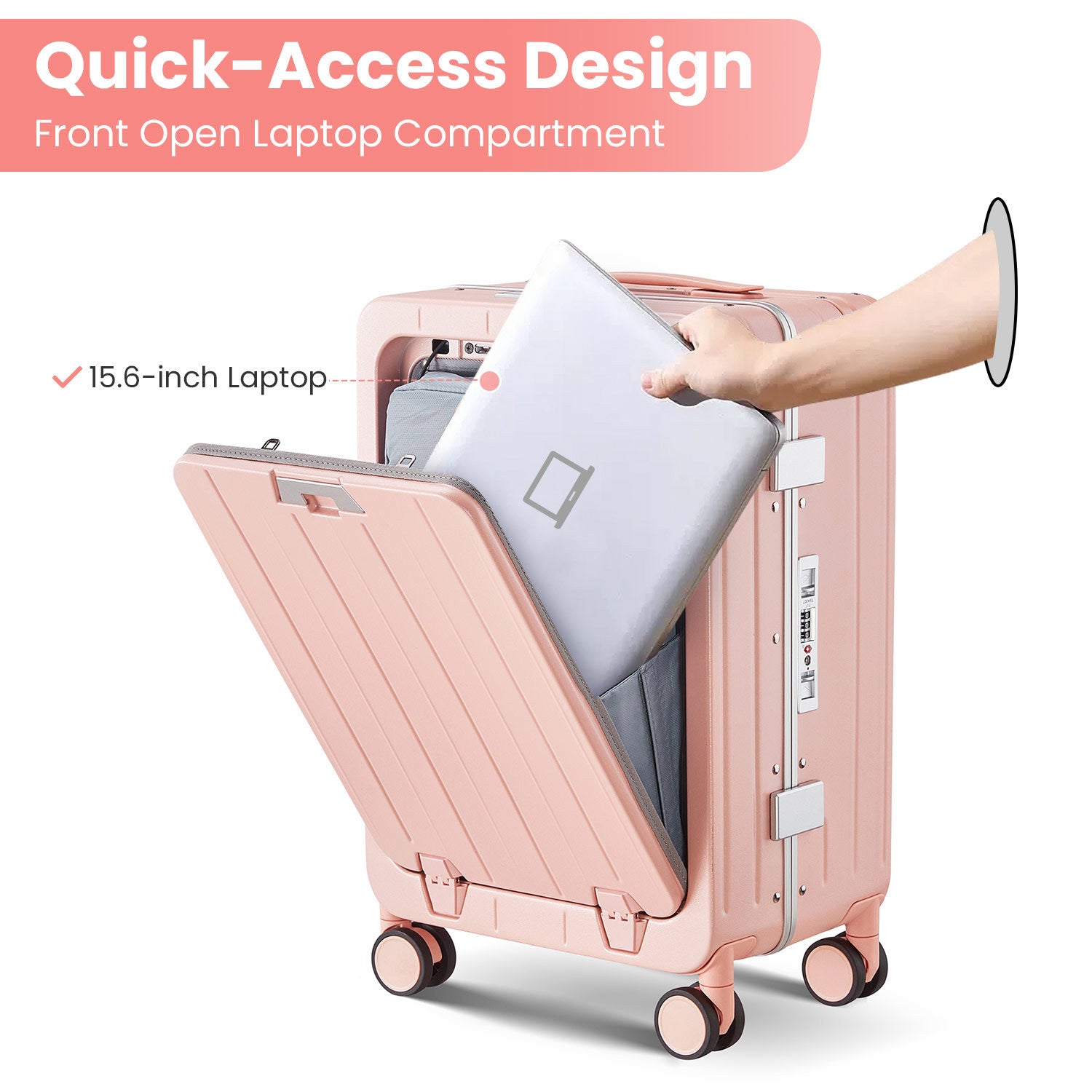 Aluminum Frame 20 Inch With Front Open Carry On Luggage, Pc Hard Shell Suitcase, Bounce Wide Handle Pull Rod Luggage With 360 Double Wheels, Built In Tsa Lock, Airline Approved Suitcase For Business Pink Pc