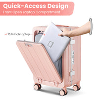 Aluminum Frame 20 Inch With Front Open Carry On Luggage, Pc Hard Shell Suitcase, Bounce Wide Handle Pull Rod Luggage With 360 Double Wheels, Built In Tsa Lock, Airline Approved Suitcase For Business Pink Pc