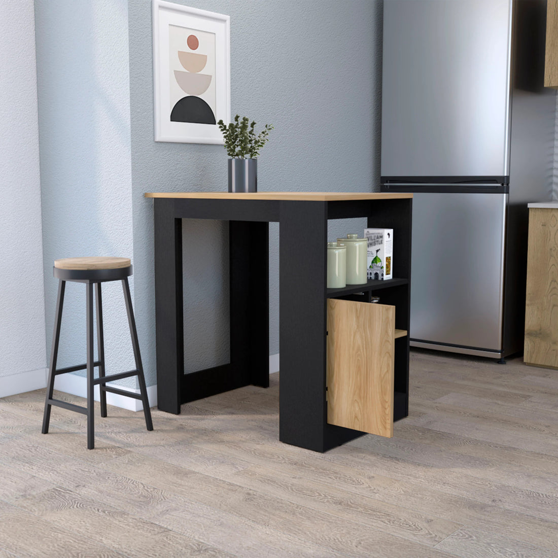 Black And Natural Oak 1 Door Kitchen Island With Open Storage Oak Particle Board Melamine