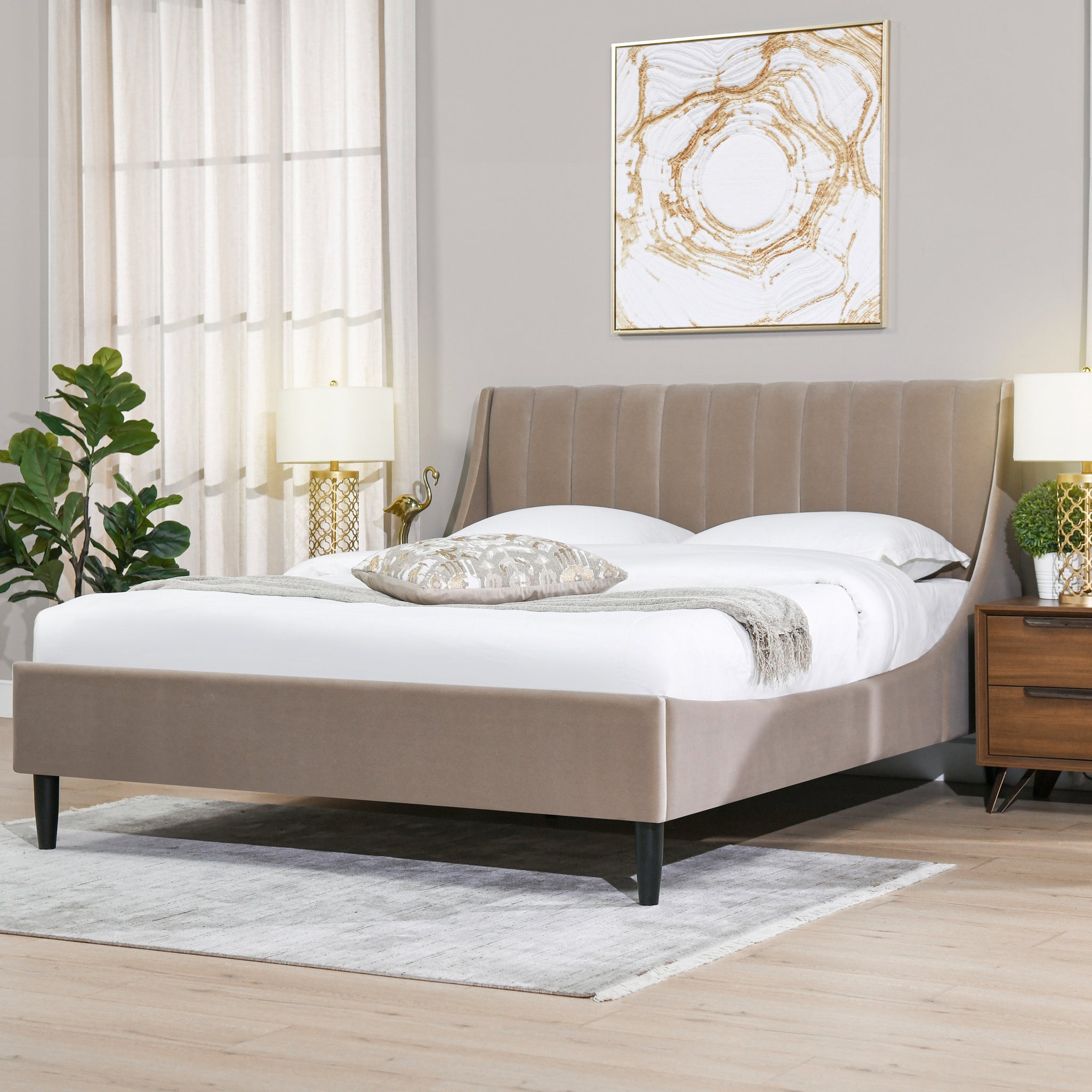 Aspen Vertical Tufted Modern Headboard Platform Bed Set, Queen, Mink Beige Performance Velvet Queen Mink Wood Foam Velvet Velvet