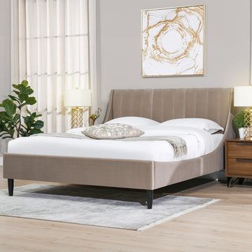 Aspen Vertical Tufted Modern Headboard Platform Bed Set, Queen, Mink Beige Performance Velvet Queen Mink Wood Foam Velvet Velvet