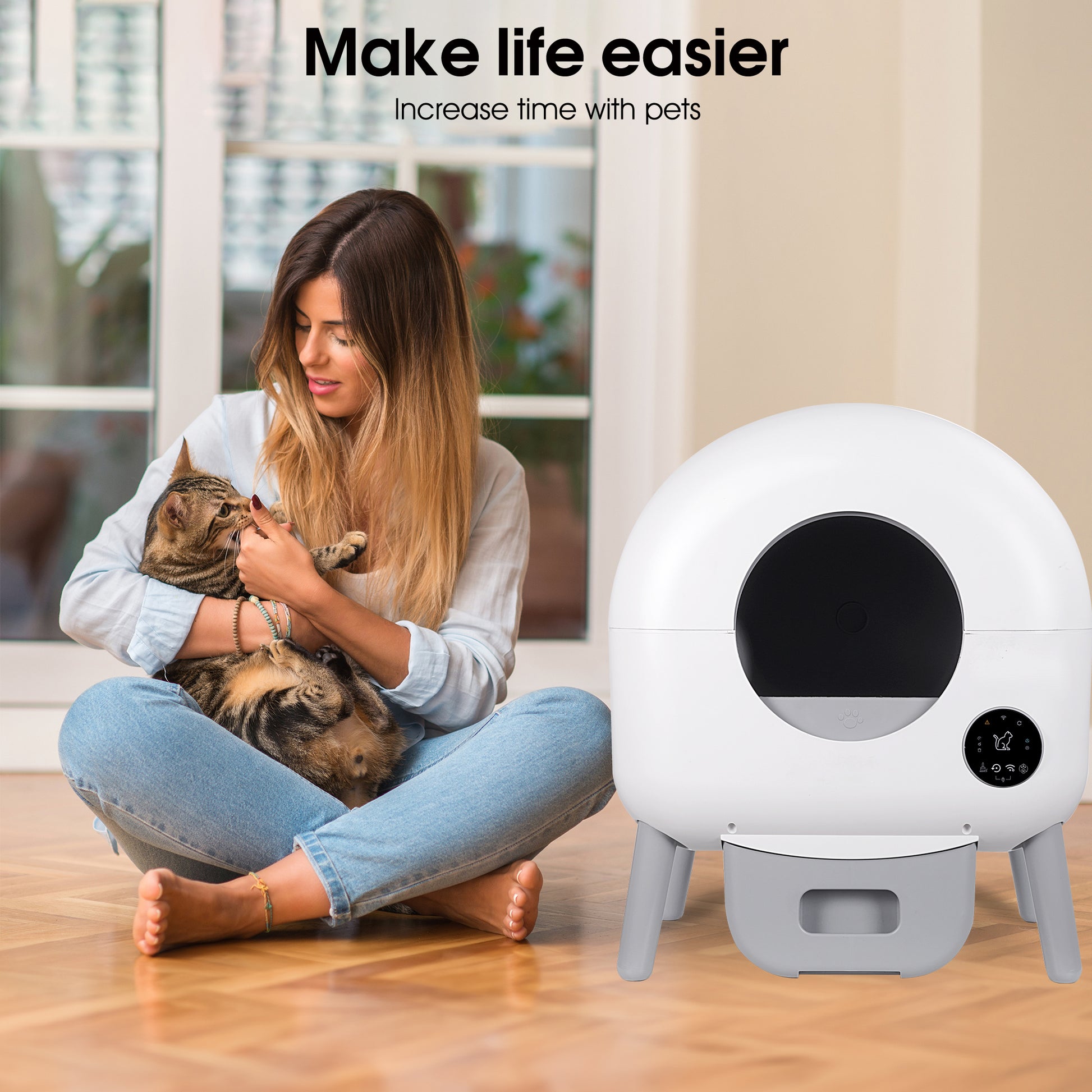 Self Cleaning Litter Box 2.2Lb 23Lb Cat Can Use, 100L Automatic Cat Litter Box Self Cleaning, Extra Large For Multiple Cats, Anti Pinch, All Clumping Litter Can Use, With Garbage Bags, App Control White Gray Abs