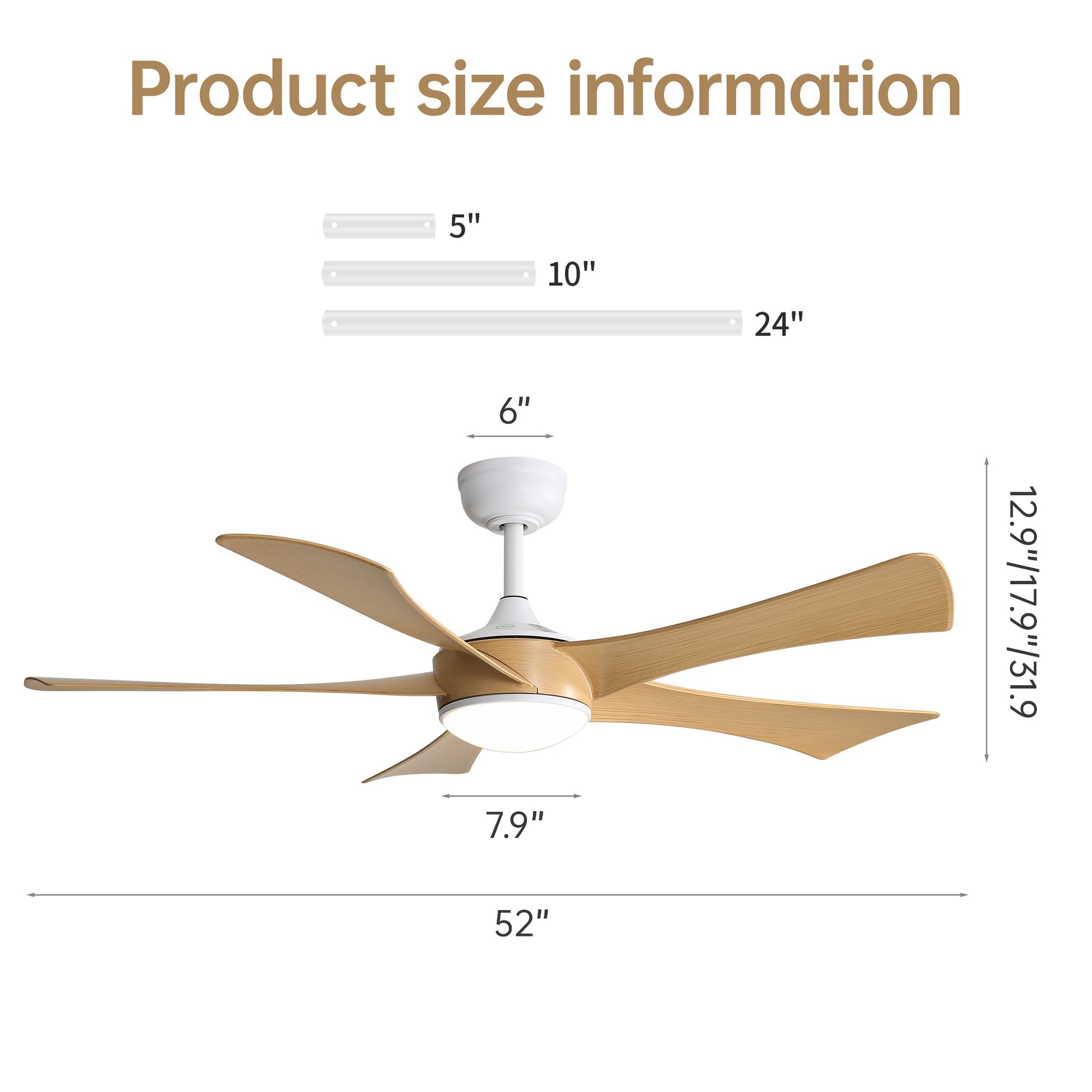 52 Inch Modern Ceiling Fan With 22W Led Light And Remote Control 5 Abs Blades For Living Room White Abs