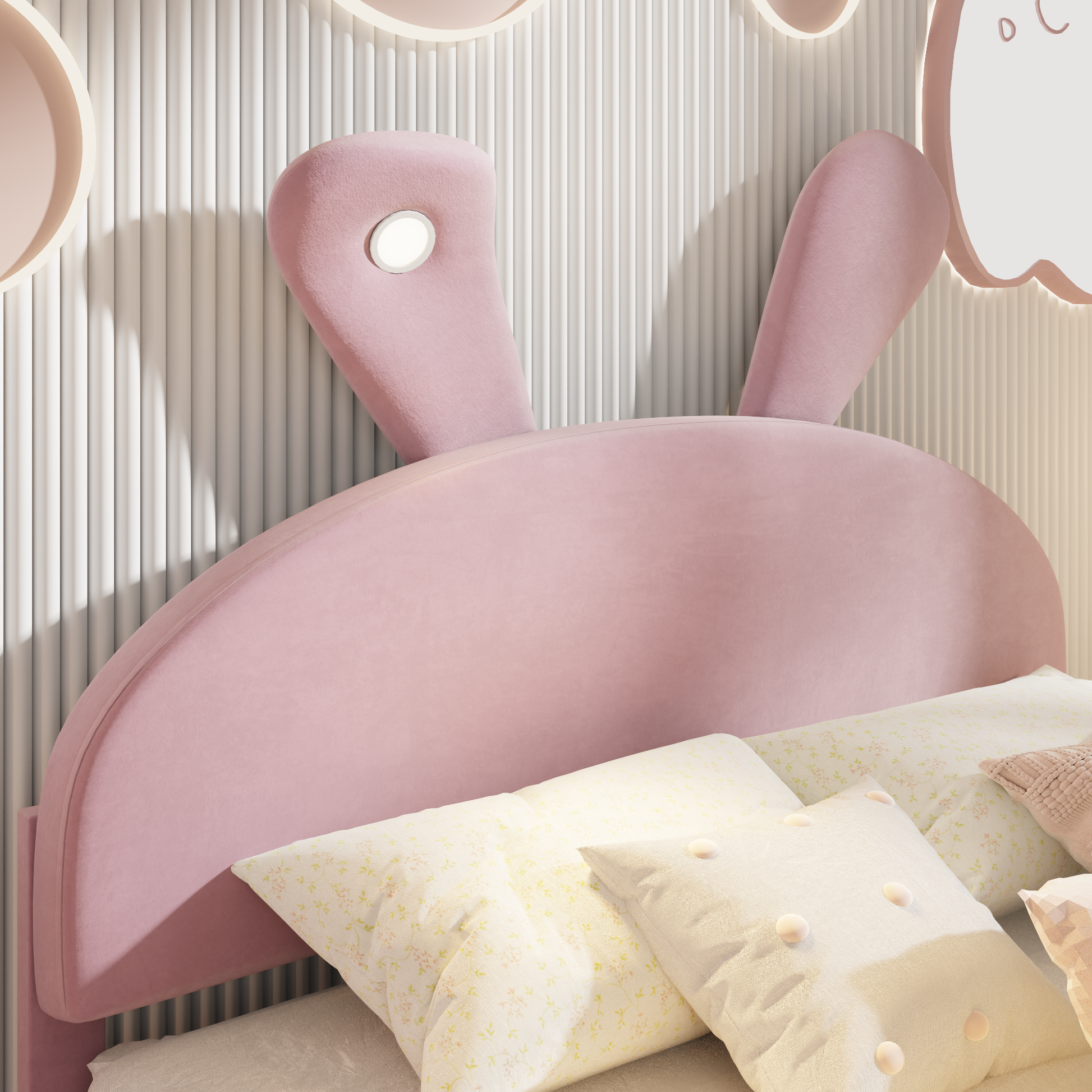 Full Size Upholstered Platform Bed With Cartoon Ears Shaped Headboard And Light, Pink Box Spring Not Required Full Pink Wood Bedroom Bed Frame Velvet Upholstered