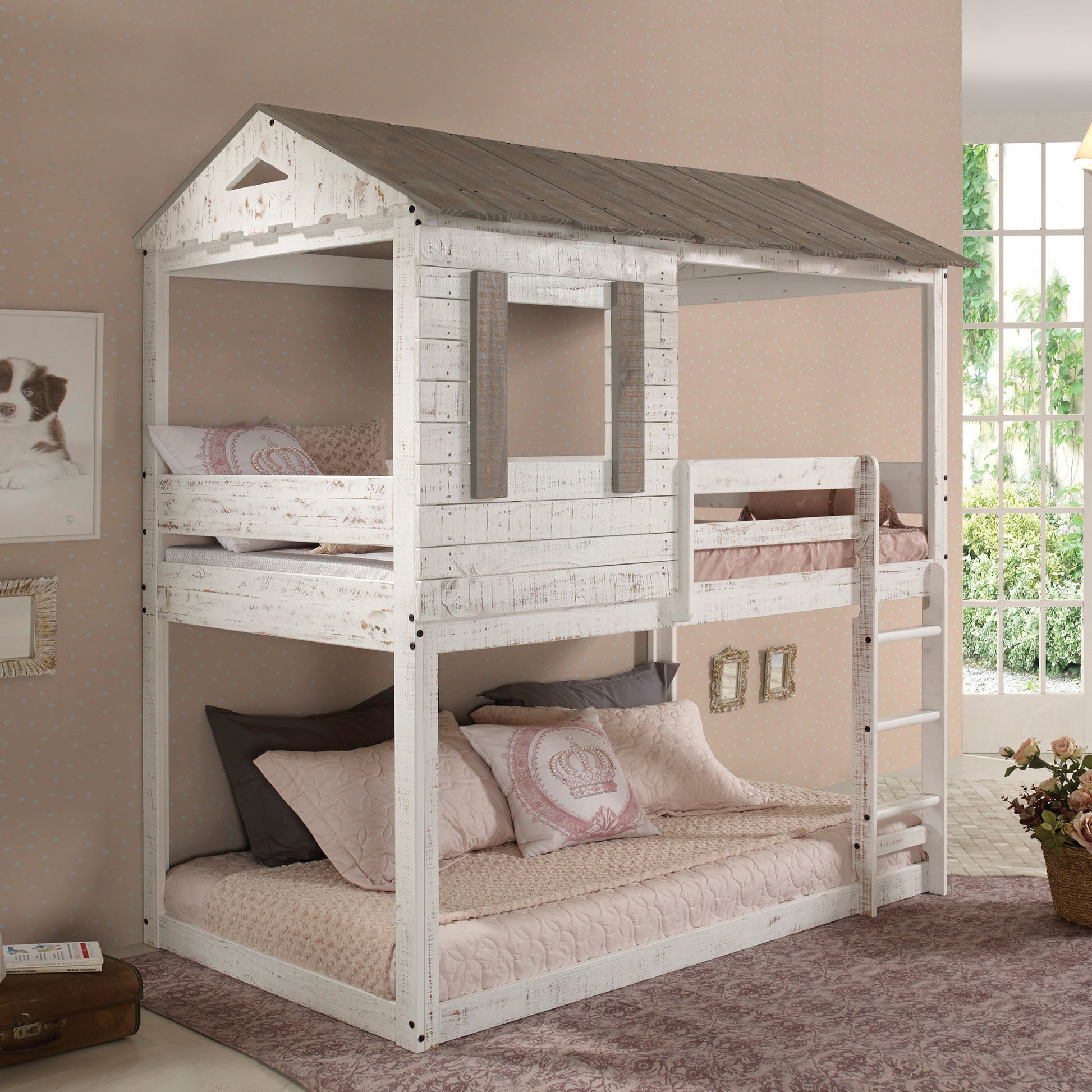 Rustic White Twin Over Twin Bunk Bed With Built In Ladder White Wood