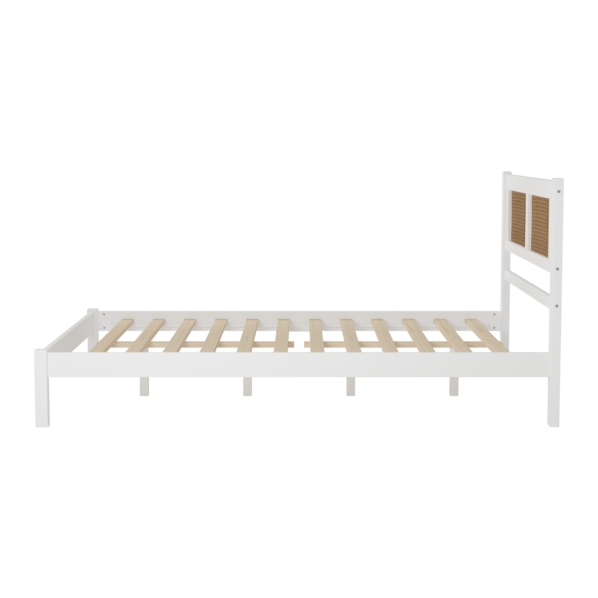 Queen Size Wood Platform Bed With Natural Rattan Headboard,Exquisite Elegance With Minimalist Charm For Bedroom,White White Particle Board