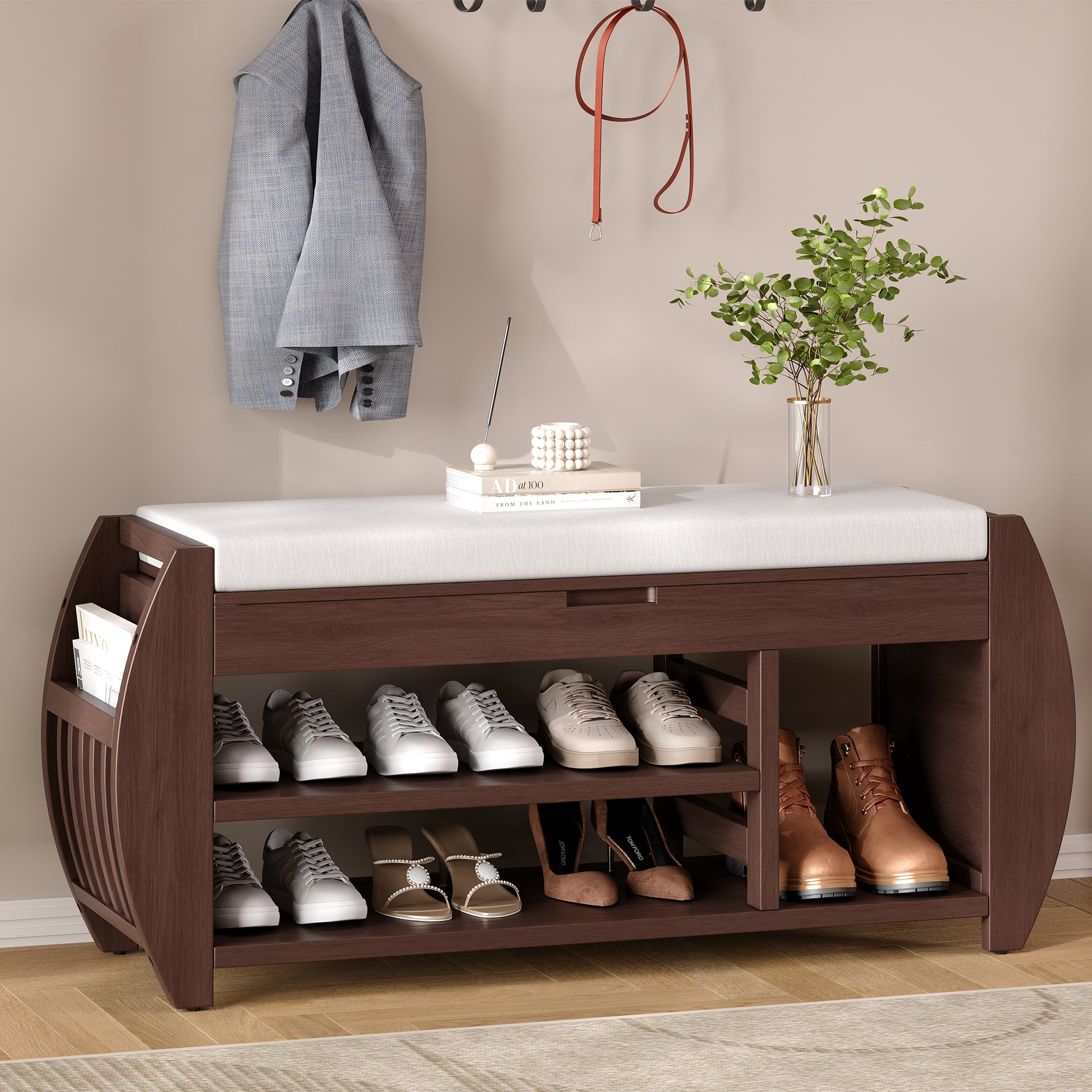 Retro Multifunctional Storage Bench With Cushion And Curved Side Panel For Entrance And Living Room Espresso Espresso Mdf