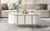 Modern Luxury Oval Shaped Fluted Coffee Table, Marble Patterned Top Coffee Table With 2 Cabinets, Metal Legs And Handles For Living Room, White Date Of Expected Arrival: 11.20 White Mdf