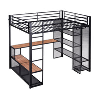 Full Size Metal Loft Bed With Storage Iron Mesh And Mdf Shelves And Open Wardrobe,Black Black Metal